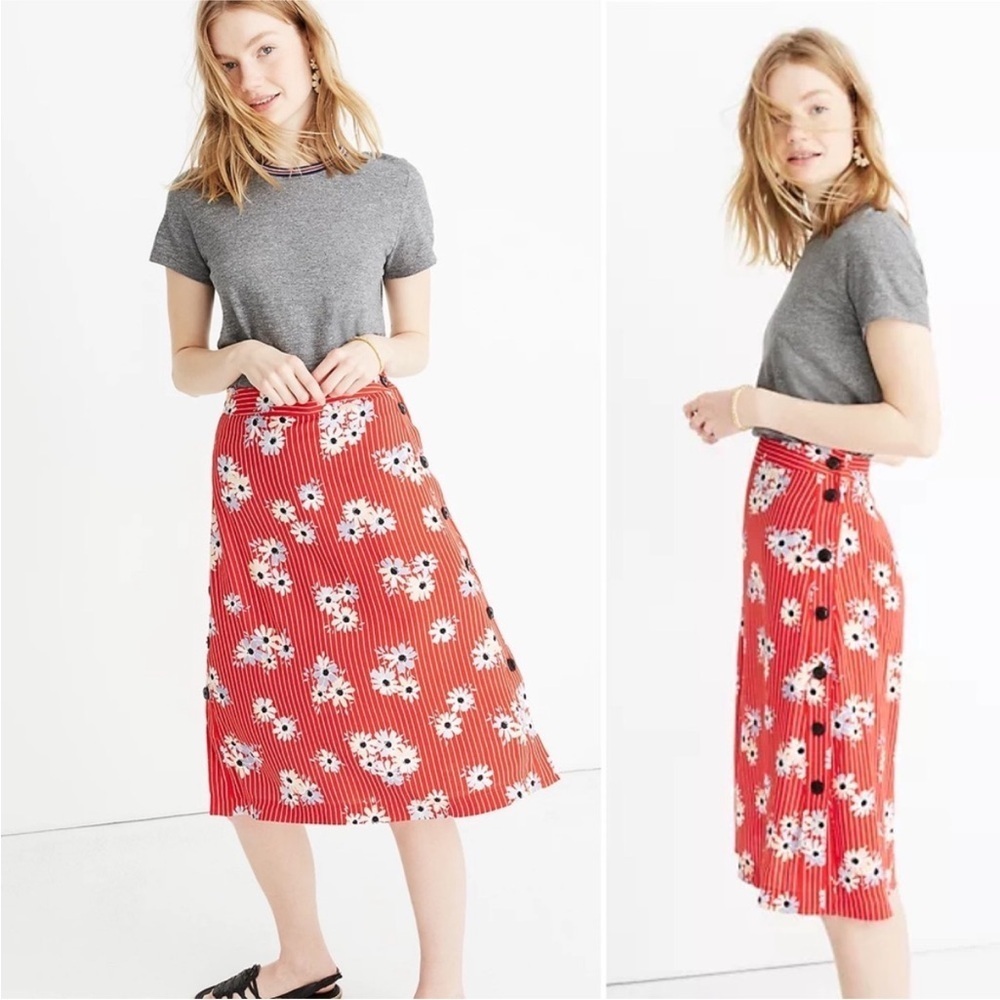 MADEWELL Daisy Society Red Floral Midi Skirt Side Button Detail Stripes Flower 0